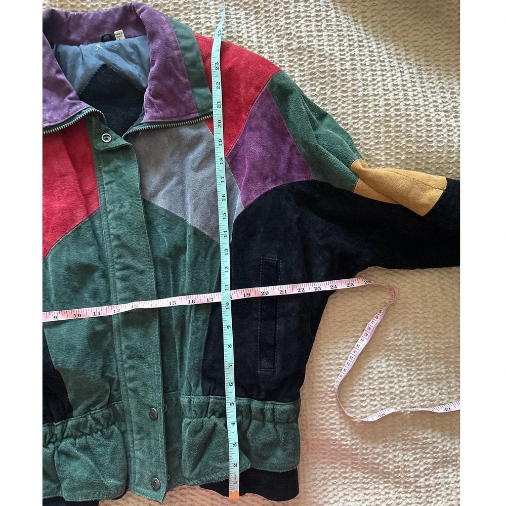 Vintage 80s 90s Colorful Patchwork‎ Leather Bomber Jacket Made in Korea Size L - Picture 5 of 9